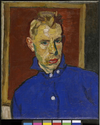 Painted with thick brushstrokes and unblended colors, a portrait of a man in three-quarters profile wearing a blue shirt posed in front of a framed red rectangle.