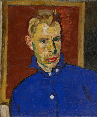 Painted with thick brushstrokes and unblended colors, a portrait of a man in three-quarters profile wearing a blue shirt posed in front of a framed red rectangle.