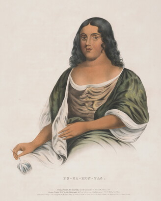 A color print of a medium-skinned woman with wavy black hair sitting in a formal green and gold dress.