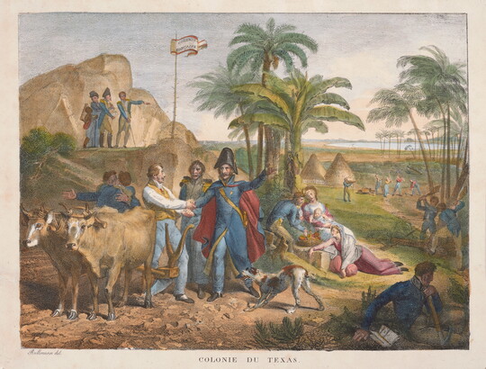 A color print of White men in military dress shaking hands, embracing, chopping wood in a tropical setting alongside cows, a dog, huts, women, and children.