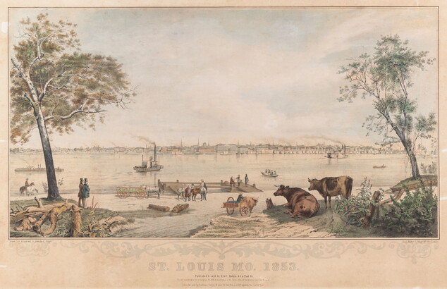 A color print of a wide river with boats on it and people, horses, wagons, and cattle along the shore in the foreground.