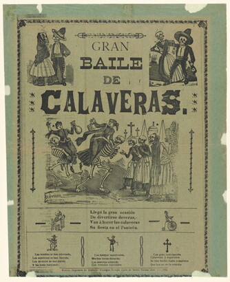 A black-and-white print showing various scenes of skeletons dancing around a headline that reads, &quot;Gran baile de calaveras&quot; and other text in Spanish.
