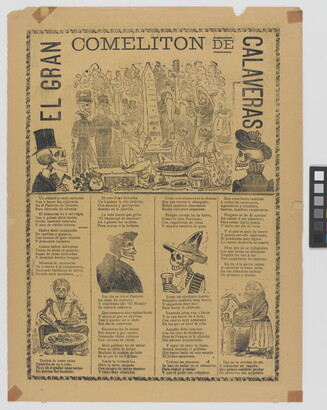A yellowed black-and-white print of skeletons eating, drinking, and celebrating in a cemetery accompanied by Spanish text.
