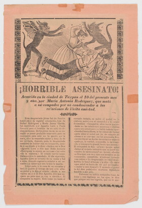 A black-and-white print illustration on red paper of a woman attacking a man with a knife as two demons seem to encourage her above headlines and text in Spanish.