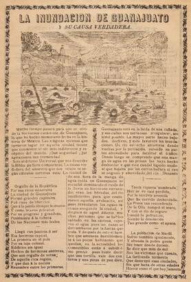 A black-and-white print illustration on gold paper of a flooded village, people struggling in the water, above Spanish text.