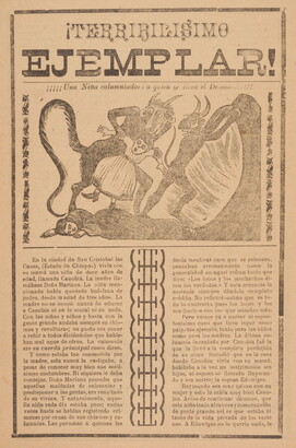 A yellowed black-and-white print of two horned devils with long tails dragging a young girl away from a person laying on the ground above Spanish text.