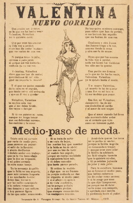 A black-and-white print of Spanish text around an image of a woman in a dance costume.