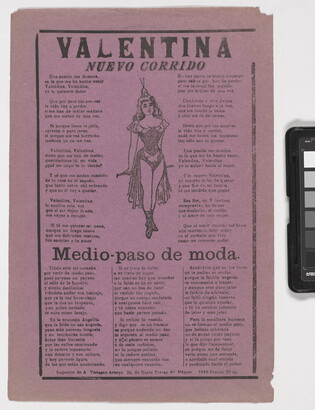 A black-and-white print on pink paper of Spanish text around an image of a woman in a dance costume.
