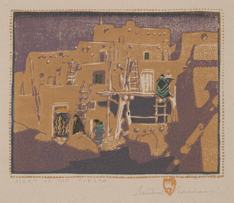 A color print of a multi-story yellow adobe pueblo with ladders leading from level to level all on a purple background.