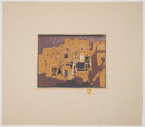 A color print of a multi-story yellow adobe pueblo with ladders leading from level to level all on a purple background.
