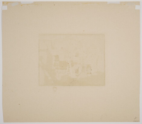 A color print of a multi-story yellow adobe pueblo with ladders leading from level to level all on a purple background.