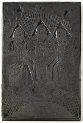 An engraved metal printing plate of three seated male figures draped in robes seated on thrones on a cloud.