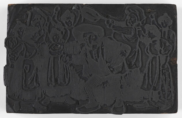 An engraved metal printing plate of a group of figures with cooking implements attacking a bearded man in the center.
