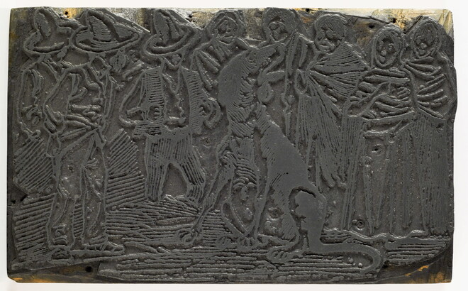 An engraved metal printing plate of an illustration of a group of people standing around a very large, sitting dog.