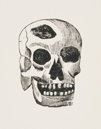 A black-and-white print of an illustration of a human skull showing a piece missing from the top.