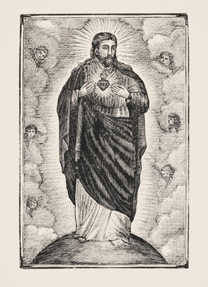 A black-and-white print of a Christ figure draped in robes that reveal the Sacred Heart and surrounded by cherubs.