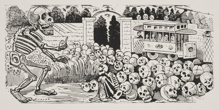 A black-and-white print of a large skeleton approaching a walled garden filled with skulls and one crouching skeleton; a streetcar in the background is filled with skeletons.