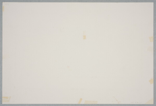 A black-and-white print of a large skeleton approaching a walled garden filled with skulls and one crouching skeleton; a streetcar in the background is filled with skeletons.