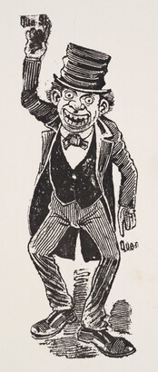 A black-and-white print illustration of a man wearing a rumpled top hat, three-piece suit with tails, one arm raised next to the words, &quot;Que si.&quot;