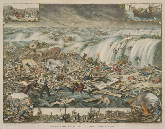A color print of water rushing onto a shoreline full of crushed buildings and bodies as several figures try to flee.