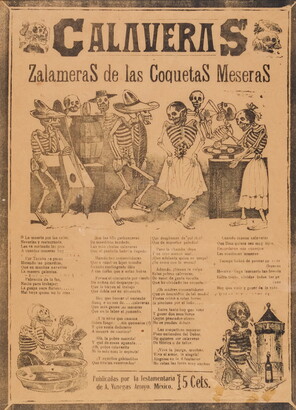 A print article featuring skeletons dancing, playing music, eating, and drinking with a headline in Spanish that reads, &quot;Calaveras, Zalameras de las coquetas meseras.&quot;