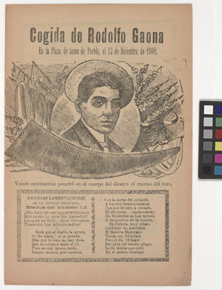 A yellowed black-and-white print of Spanish text beneath an image of a man surrounded by symbols of bullfighting.