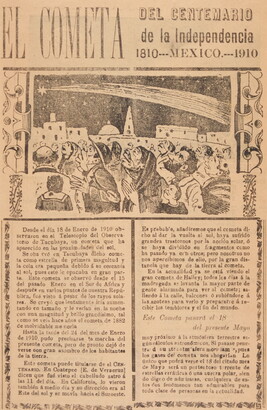A yellowed black-and-white print of people watching a comet moving through the night sky above a block of Spanish text.