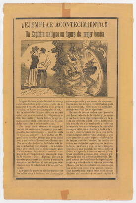 A black-and-white printed leaflet with Spanish text below a two-part illustration: on the left, a couple; on the right, a devil and other monsters pulling a man into a hole.