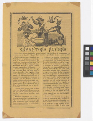 A black-and-white printed leaflet with Spanish text below an illustration of a man with a knife stabbing a man on the ground as a devil pushes him forward.