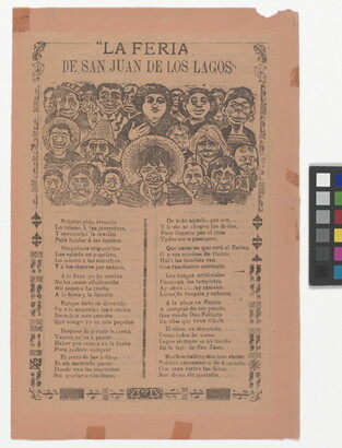 A yellowed black-and-white print of Spanish text beneath a group of cartoon-like people facing the viewer.
