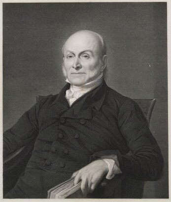 A black-and-white portrait print of an older, balding White man in formal dress sitting in a chair with a book in one hand. 