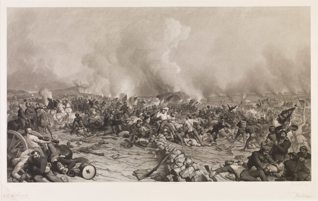 A black-and-white print of a Civil War battle with cannon fire, smoke, and male figures fighting with guns.