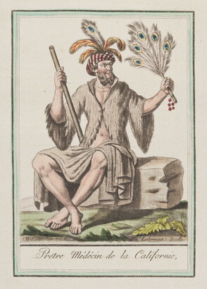 A color print of a seated Indigenous man wearing a feathered turban and animal skin coat, holding a feathered fan in one hand and  a staff in the other.