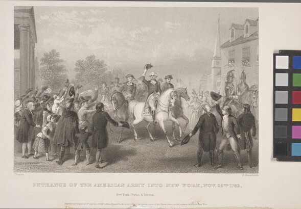 A black-and-white print of George Washington on horseback being cheered on by a crowd.