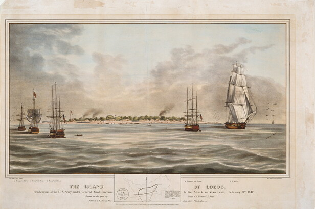 A color print of several large ships at sea and an island with small boats just off its coast in the background.