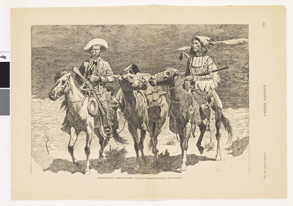 A black-and-white print of a cowboy and Native man on horseback with a third horse walking between them.