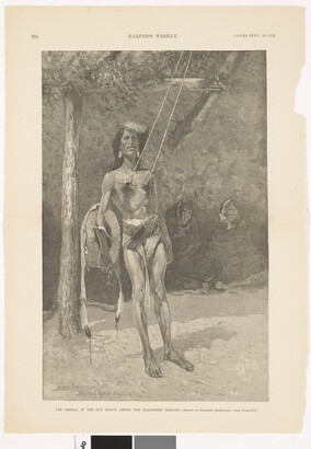 A page from a magazine with a black-and-white illustration of an Indigenous man, wearing a loincloth, attached ropes from piercings through his nipples.