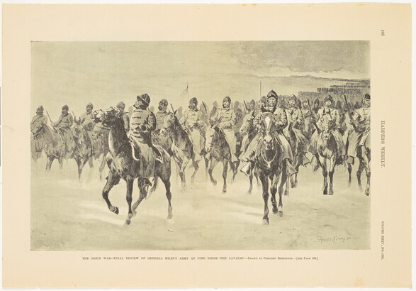 A page from a magazine with a black-and-white illustration of soldiers on horseback riding toward the viewer.