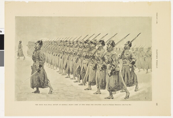 A page from a magazine with a black-and-white illustration of soldiers in long coats and helmets marching in formation with bayonets over their shoulders.