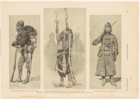 A page from a magazine with three black-and-white illustrations of (L-R) a soldier dressed in winter clothing, an Indigenous man in a headdress with arms raised, and a soldier in a long coat with a rifle over his shoulder.