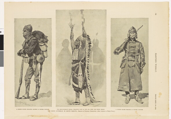A page from a magazine with three black-and-white illustrations of (L-R) a soldier dressed in winter clothing, an Indigenous man in a headdress with arms raised, and a soldier in a long coat with a rifle over his shoulder.