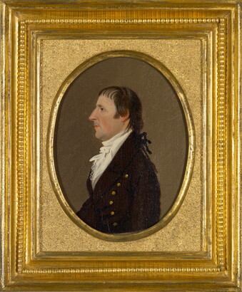 An oil painting portrait of a White man in profile wearing a white ruffled shirt under a brown coat with gold buttons.