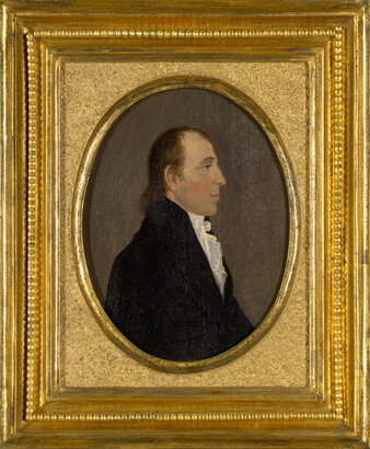 An oil painting portrait of a balding White man in profile wearing a white ruffled shirt under a black coat.