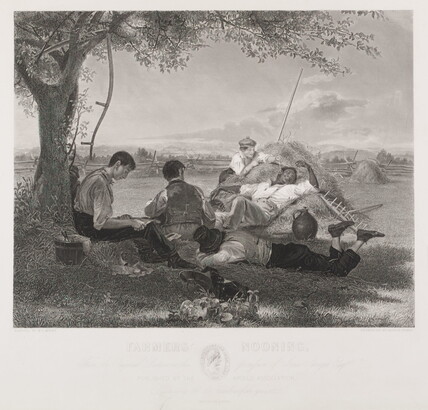 A black-and-white print of farm workers taking a rest under a shady tree and in a nearby haystack.
