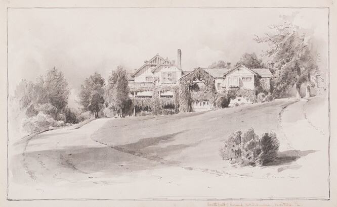 An ink drawing of a Tudor-style home, partially covered in vines, and the rural landscape surrounding it.