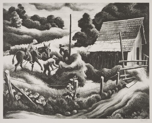 A black-and-white print of three men, one on horseback and two with pitchforks, next to a haystack and an old barn.