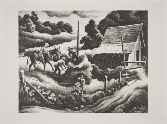 A black-and-white print of three men, one on horseback and two with pitchforks, next to a haystack and an old barn.