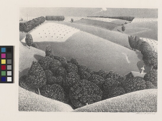 A black-and-white print of rolling farm fields with budding crops, stylized trees, and a building tucked behind the hills in the foreground.