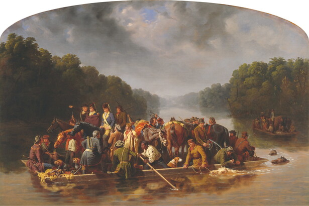 A painting of a group of men, horses, and dogs crowded onto a barge crossing a river as several horses swim alongside and behind the barge.