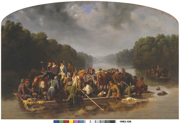 A painting of a group of men, horses, and dogs crowded onto a barge crossing a river as several horses swim alongside and behind the barge.